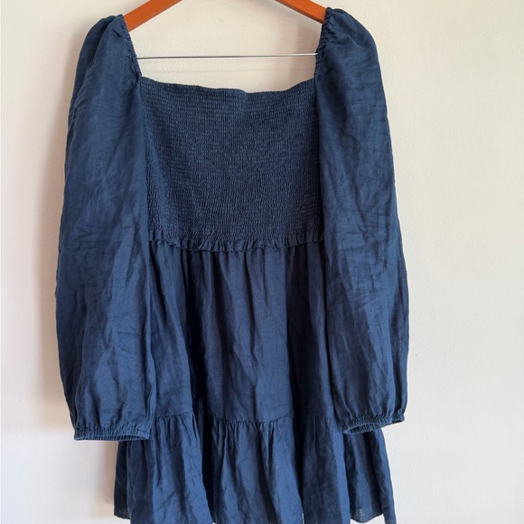 Quince European Linen Smocked Mini Dress Navy Blue Long Puff Sleeve Tiered L - Picture 4 of 6